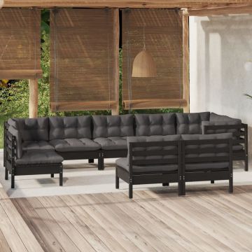 vidaXL Set mobilier grădină cu perne, 9 piese, negru, lemn masiv pin