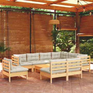 vidaXL Set mobilier grădină cu perne crem, 10 piese, lemn masiv de pin