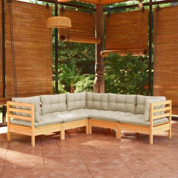vidaXL Set mobilier grădină cu perne crem, 5 piese, lemn masiv pin