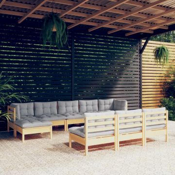 vidaXL Set mobilier grădină cu perne gri, 10 piese, lemn de pin