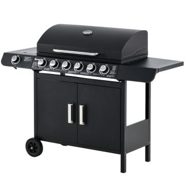 Gratar pe Gaz cu Capac Outsunny, 7 Arzatoare, Raft, 2 Roti, Negru 135x50x100cm | Aosom Romania
