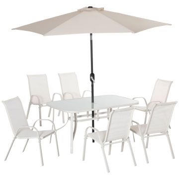 Set de Mobilier de Gradina 8 Piese, Masa de Gradina cu Scaune, Umbrela de Soare cu Inclinare Reglabila, Aluminiu, Alb Crem Outsunny | Aosom RO