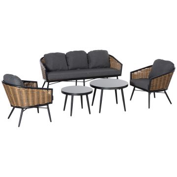 Outsunny Set de Mobilier de Gradina din Ratan 5 Piese, Lounge de Exterior cu 2 Masute, Canapea cu 3 Locuri si 2 Fotolii cu Perne