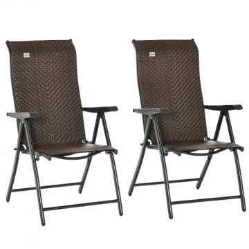 Outsunny Set Scaune de Grădină din 2 Piese din Ratan și Oțel, Scaune Pliante pentru Exterior cu Spătar Reglabil, 71 x 58 x 111 cm, Negru