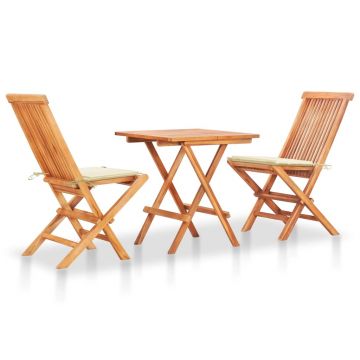 Set masa + 2 scaune pliabile pentru gradina / terasa, din lemn de tec, Arlo Natural / Crem, L60xl60xH65 cm