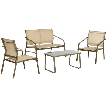 Set Mobilier de Gradina Outsunny, 2 Scaune, 1 Canapea, 1 Masuta, Metal si Textilen, Kaki | Aosom RO