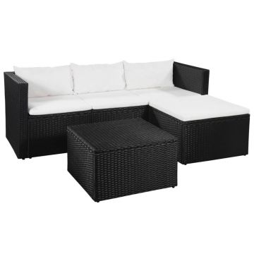 Set mobilier gradina / terasa, Zena Negru / Crem, canapea 3 locuri + 1 taburet + masa de cafea