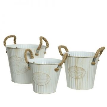 Set 3 ghivece Shabby Round, Decoris, zinc, alb