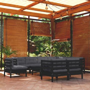 vidaXL Set mobilier de grădină cu perne 10 piese negru lemn masiv pin