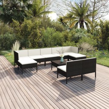 vidaXL Set mobilier de grădină cu perne, 10 piese, negru, poliratan