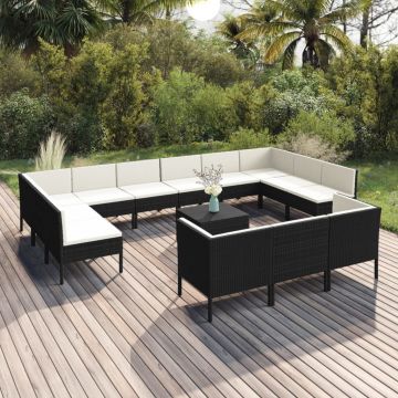 vidaXL Set mobilier de grădină cu perne, 14 piese, negru, poliratan