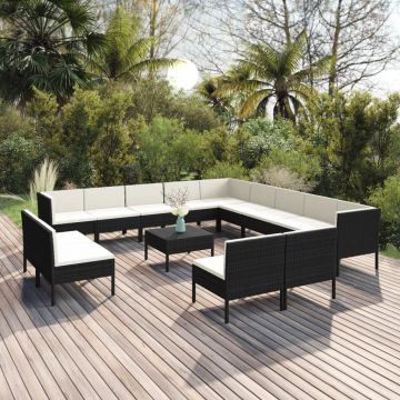 vidaXL Set mobilier de grădină cu perne, 14 piese, negru, poliratan