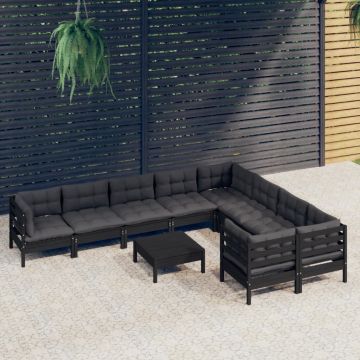 vidaXL Set mobilier grădină cu perne, 10 piese, negru, lemn de pin