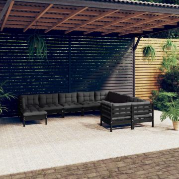 vidaXL Set mobilier grădină cu perne, 10 piese, negru, lemn de pin