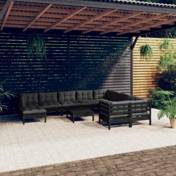 vidaXL Set mobilier grădină cu perne, 11 piese, negru, lemn de pin