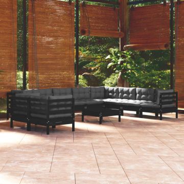 vidaXL Set mobilier grădină cu perne, 11 piese, negru, lemn masiv pin