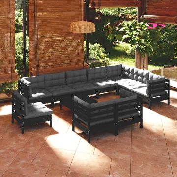 vidaXL Set mobilier grădină cu perne, 11 piese, negru, lemn masiv pin