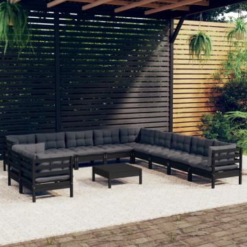 vidaXL Set mobilier grădină cu perne, 12 piese, negru, lemn masiv pin