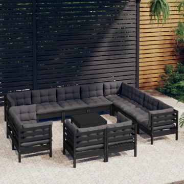 vidaXL Set mobilier grădină cu perne, 13 piese, negru, lemn masiv pin