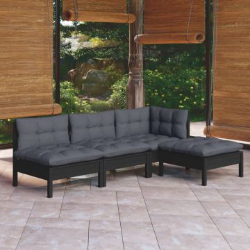 vidaXL Set mobilier grădină cu perne, 4 piese, negru, lemn de pin