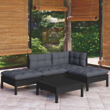 vidaXL Set mobilier grădină cu perne, 5 piese, negru, lemn de pin