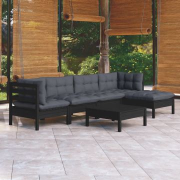 vidaXL Set mobilier grădină cu perne, 6 piese, negru, lemn de pin