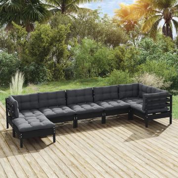 vidaXL Set mobilier grădină cu perne, 7 piese, negru, lemn masiv pin