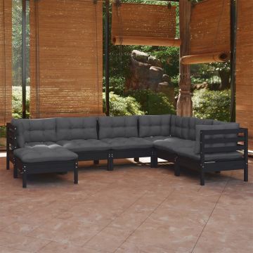 vidaXL Set mobilier grădină cu perne, 7 piese, negru, lemn masiv pin
