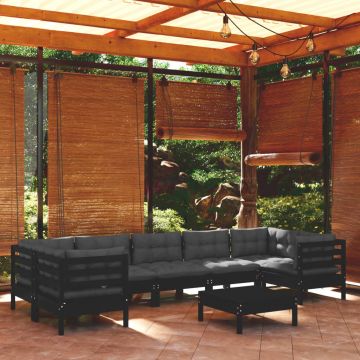 vidaXL Set mobilier grădină cu perne, 8 piese, negru, lemn de pin