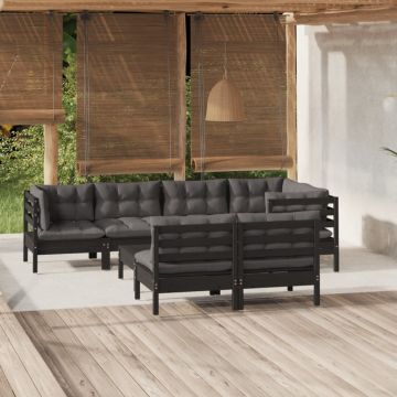 vidaXL Set mobilier de grădină cu perne 8 piese negru lemn masiv pin