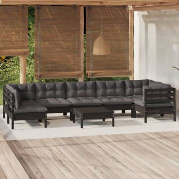 vidaXL Set mobilier grădină cu perne, 8 piese, negru, lemn masiv pin