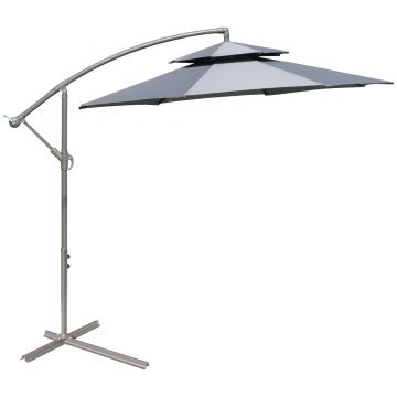 Outsunny Parasolar de gradina de 2.7m cu maner de reglare, parasolar cu nivel dublu si baza pentru exterior, umbrela de soare suspendata, Gri inchis