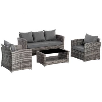 Outsunny Set de canapele din ratan PE pentru terasa, cu 4 piese, cu perne si masuta de cafea cu doua niveluri, cu blat din sticla securizata, Gri