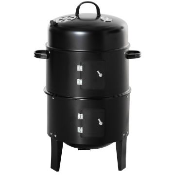 Outsunny 3-in-1 Gratar BBQ carbune, gratar cu afumatoare portabil cu termostat pentru gradina camping gatit in aer liber