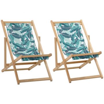 Set de 2 Sezlonguri de Gradina Pliabile Outsunny, Lemn si Poliester, Fantezie Tropicala | Aosom RO