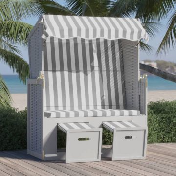 vidaXL Scaun de plajă cu baldachin,gri&alb, poliratan și lemn masiv