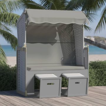 vidaXL Scaun de plajă cu baldachin, gri, poliratan și lemn masiv