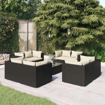 vidaXL Set mobilier de grădină cu perne, 9 piese, negru, poliratan