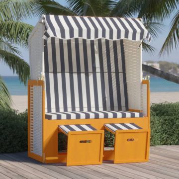vidaXL Scaun de plajă cu baldachin,alb&albastru,poliratan&lemn masiv