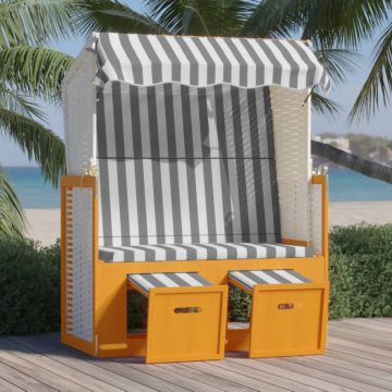 vidaXL Scaun de plajă cu baldachin,alb&gri, poliratan și lemn masiv