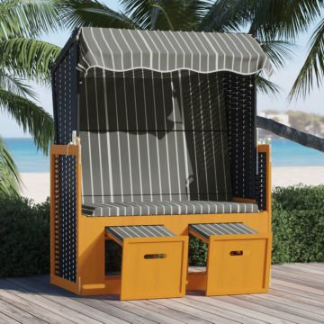 vidaXL Scaun de plajă cu baldachin,negru&gri, poliratan și lemn masiv