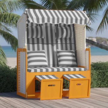 vidaXL Scaun de plajă cu perne,alb&gri, poliratan și lemn masiv