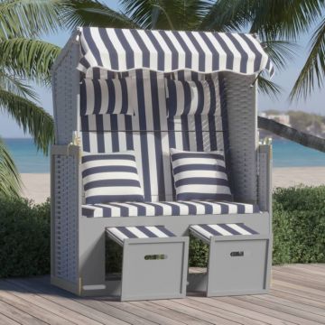 vidaXL Scaun de plajă cu perne,albastru&alb,poliratan&lemn masiv
