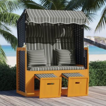 vidaXL Scaun de plajă cu perne,negru&gri, poliratan și lemn masiv