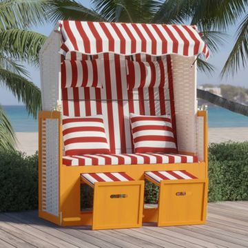 vidaXL Scaun de plajă cu perne,roșu&alb, poliratan și lemn masiv