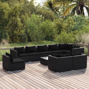 vidaXL Set mobilier de grădină cu perne, 10 piese, negru, poliratan