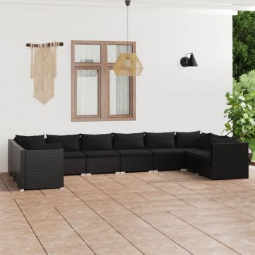 vidaXL Set mobilier de grădină cu perne, 10 piese, negru, poliratan