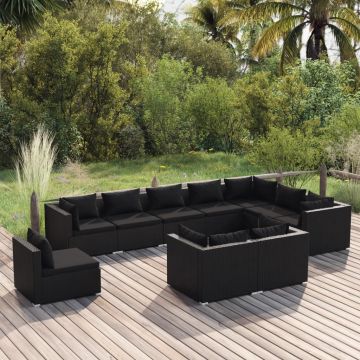 vidaXL Set mobilier de grădină cu perne, 10 piese, negru, poliratan