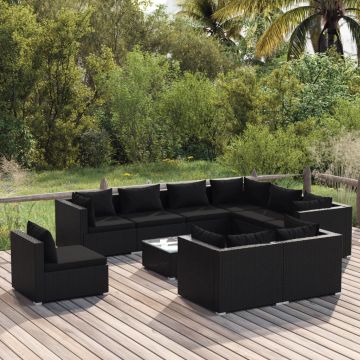 vidaXL Set mobilier de grădină cu perne, 10 piese, negru, poliratan