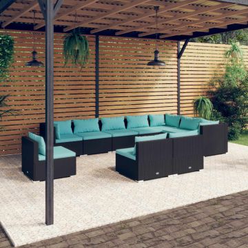 vidaXL Set mobilier de grădină cu perne, 10 piese, negru, poliratan